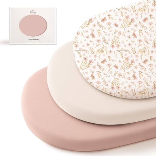 Konssy 3 Pack Stretchy Bassinet Sheets for Baby Girl Boy, Soft Breathable Baby Bassinet Mattress Sheets Fit for Hourglass Oval Cradle, Moses Basket Rectangle Mattress (Pink Spring)