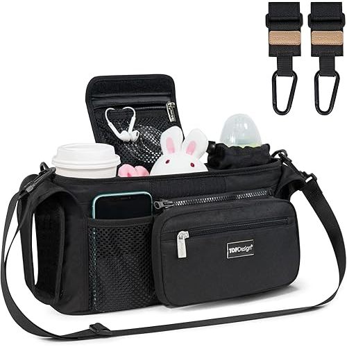 TOPDesign Universal Baby Stroller Organizer, Stroller Caddy with Heightened Insulated Cup Holders & Non-Slip Secure Hooks Accessories, Fits Most Strollers, Machine Washable (Black)