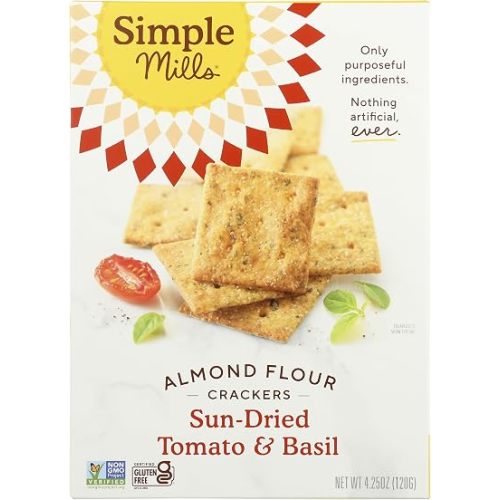 Simple Mills Almond Flour Crackers, Sundried Tomato & Basil, Gluten Free, Flax Seed, Sunflower Seeds, Corn Free, Good for Snacks, Made with whole foods, (Packaging May Vary), 4.25 Ounce
