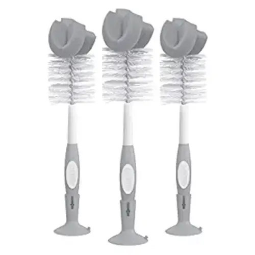 Dr. Brown's Reusable Sponge Baby Bottle Cleaning Brush Set with Suction Cup Stand, Scrubber and Nipple Cleaner, Gray, 3 Pack