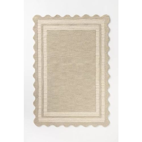 Luxury Hand-Tufted 100% Wool Area Rug - 6x8 Ft, Soft Beige & Ivory with Elegant Scalloped Edge Border, Neutral Handmade Carpet with Cotton Backing for Living Room, Bedroom & Hallway