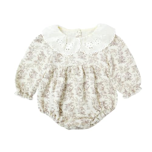 Infant Baby Girl Floral Romper Lace Peter Pan Collar Bubble Sleeve Bodysuit for 1st Birthday Outfit
