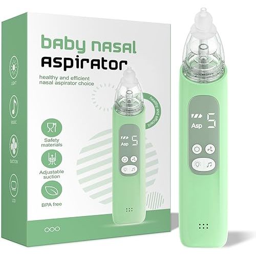 Baby Nasal Aspirator, Electric Nose Sucker with 5 Levels Suction, Soothing Light & Nursery Rhymes (Green)