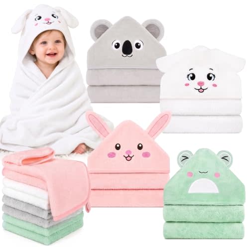 12 PCS Baby Bath Towels Set for Infants Toddlers Essentials | 4 PCS Baby Towels & 8 PCS Washcloths Set, Cute Animal Hooded, Ultra Absorbent & Soft, Newborn Shower Gifts for Boys & Girls