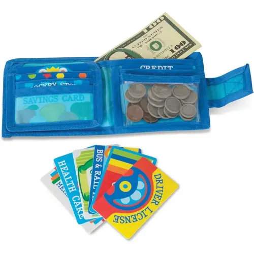 Melissa & Doug Pretend-to-Spend Toy Wallet With Play Money and Cards (45 pcs), Blue - FSC Certified