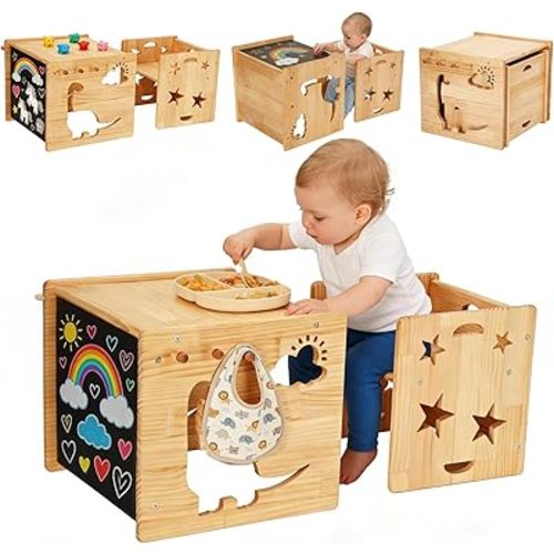 Montessori Weaning Table and Chair Set, 1-3 Year Old Kids Table and Chairs with Blackboard, Wooden Toddler Table and Chair Set Storage Hooks, Puzzle Storage Boards, for Dining, Sketching, and Reading