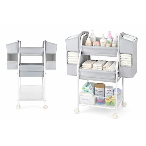 Moteph Rolling Utility Cart with Side Storage, 3-Tier Diaper Cart & Baby Caddy Organizer for Nursery Essentials, Bedside/Postpartum Nursing Cart, Craft & Art Storage Organizer, Rolling Book Cart