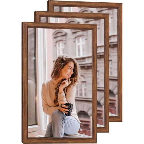 3 Pack 12x16 Wood Picture Frame Brown, Rustic Natural 16x12in frame Woodgrain, Distressed Brown 12 x 16 in Wall Photo Poster Frame with HD Plexiglass, Horizontal Vertical Wall Mounting Set of 3