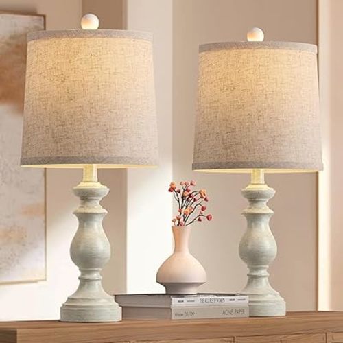 Traditional Table Lamp Set of 2, Rustic Farmhouse Table Lamps for Living Room Bedroom, 22" Bedside Desk Lamps Vintage Nightstand Lamps with Linen Shades, Antique White
