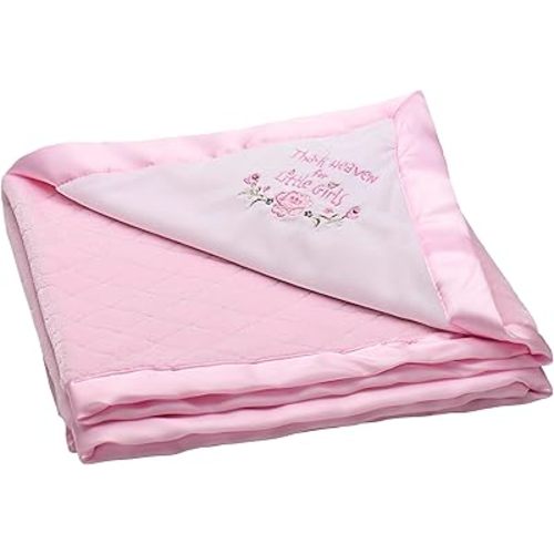 Little Me 2-Ply Baby Blanket with Thank Heaven for Little Girls Embroidery and Satin (Pink, 30 in. x 40 in.)