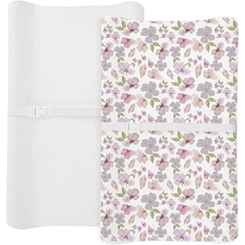 Changing Pad Cover for Baby Boy Girl 2 Pack, Muslin Changing Table Pad Covers with Boho Style, Neutral Nursery Bedding Essentials Soft and Breathable (Purple Petals & White)