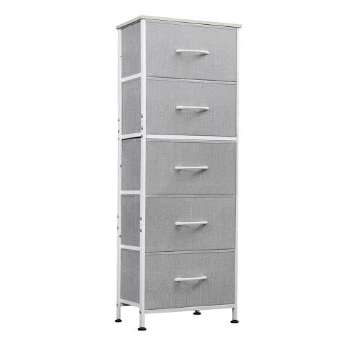 WLIVE Tall Dresser for Bedroom, 5 Drawer Dresser, Light Grey | 5 vertical fabric drawers, Tall vertical design, Bedroom or closet use, Dresser for small spaces, Chest of drawers