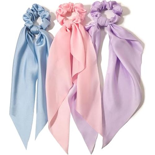 3PCS Hair Scarf Scruncheis for Women Knotted Bow Hair Ties Elastic Bands Satin Hair Ribbon Scrunchy Red Ponytail Holder for Women and Girls (Blue Lilac Pink)