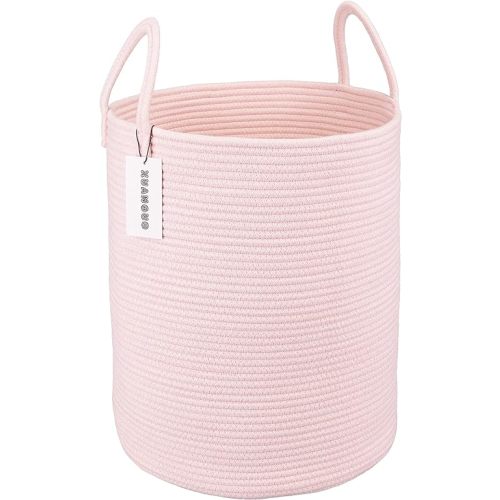 Cotton Rope Laundry Basket Hamper for Girls Kids Baby Nursery Hamper Bin Woven Storage Basket for Living Room Girls room Boho Tall Rope Baskets for Blanket Toys Large light pink
