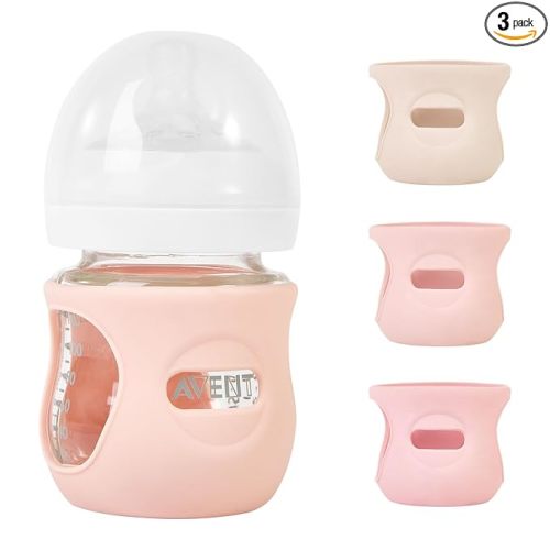 3 Pack Silicone Sleeves for Philips Avent Natural Glass Baby Bottles, Anti Breakage Baby Bottle Holder for Baby Girls, Compatible Philips Avent Glass Natural Baby Bottle, 4 oz