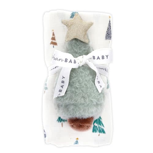 Stephan Baby Christmas Blanket & Rattle Set - Swaddle with Plush Toy Gift for Newborn Infant Baby, 2-Piece, Trees