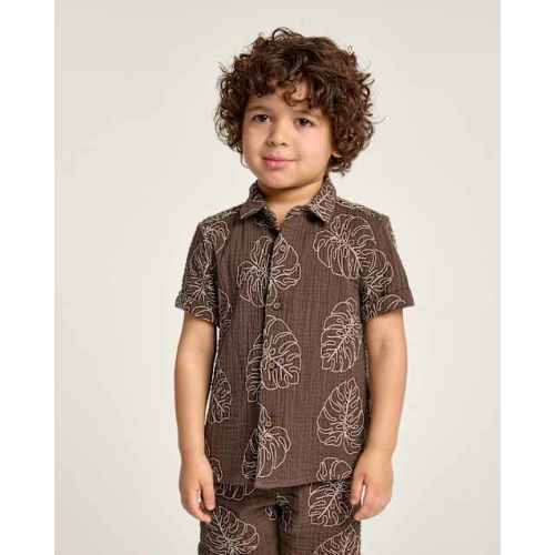 Boys Embroidered Tropical Leaf Gauze Button Up Shirt - Amalfi Coast - Brown