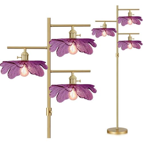 Dimmable tall floor lamp for Living Room 65" mid century modern floor lamp ,3 Lights Gold Standing Lamps vintage floor lamps Purple glass Flower floor light for Bedroom corner Study Office Home
