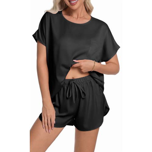 DAKIMOE Womens Silk Stain Pajamas Set Short Sleeve Soft Sleepwear Top With Shorts Set PJ Loungewear, Black, XL