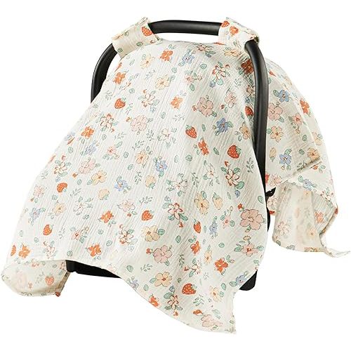 Babygreat 100% Muslin Cotton Car Seat Cover for Baby, Soft Breathable Car Seat Canopy, Universal Infant Carseat Cover Sun Protector, Lightweight Summer Stroller Cover for Boys Girls - Strawberry