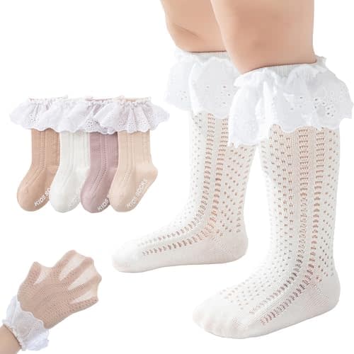Baby Girl Knee High Socks with Grips Eyelet Ruffle Lace Princess Non Slip Toddler Dress Socks Newborn Infant 4 Pairs