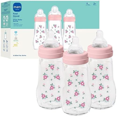 MAM 6oz Premium Glass Wide Neck Baby Bottle with Slow Flow Breastfeeding-Like Silicone Nipple, Easy to Clean,BPA Free, 0+ Months, Easy Switch Between Breast and Bottle, Made in Europe, 3 Pack Girl