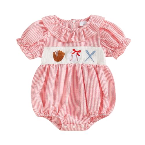 Newborn Baby Girl Baseball Outfit Embroidery Short Sleeve Smocked Bubble Romper Ruffle Bodysuit Cute Summer Clothes
