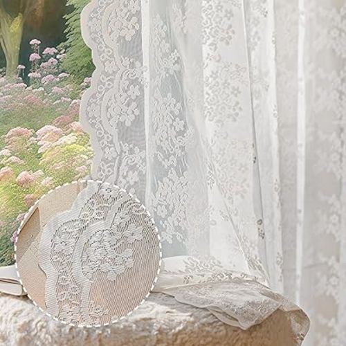 Anmao Vintage White Lace Curtains 84 Inches Long 2 Panels Set, Romantic Elegant Light Filtering Semi Sheer Floral Thick Lacy Curtain Drapes for Living Room and Bedroom, Each Panel 55W x 84L, Off White