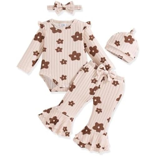 Vibebox Preemie Newborn Baby Girl Clothes Fall Winter Outfits Infant Girls Long Sleeve Ruffle Romper Bell Bottoms Pants Sets