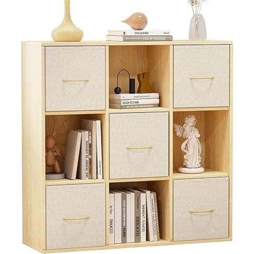 EXPERLAM 9 Cube Storage Organizer - Solid Wood Bookshelf with 5 Storage Bins, Cube Shelf with 3 Removable Back Panels, Vertical or Horizontal Bookcase, Open Book Shelf for Bedroom, Living Room, Office