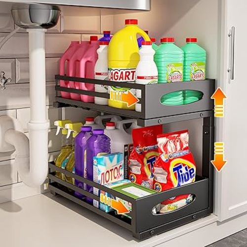 Under Sink Organizer, Pull Out Cabinet Organizers, Slide Sink Steel Shelf Cabinet Storage Shelves, Under Sink Storage for Kitchen Bathroom Cabinet (Black, 1 Pack)