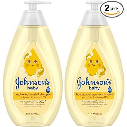 Johnson's Head-to-Toe Gentle Tear-Free Baby & Newborn Wash & Shampoo, Sulfate-, Paraben- Phthalate- & Dye-Free, Hypoallergenic Wash for Sensitive Skin & Hair, 27.1 fl. Oz (Pack of 2)