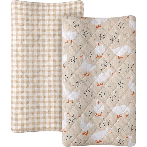 Frienda 2 Pack Goose Changing Pad Covers Waterproof Muslin Changing Pad Covers 32 x 16 Inch Quilted Cotton Fitted Diaper Sheet Breathable Extra Thick Sheets