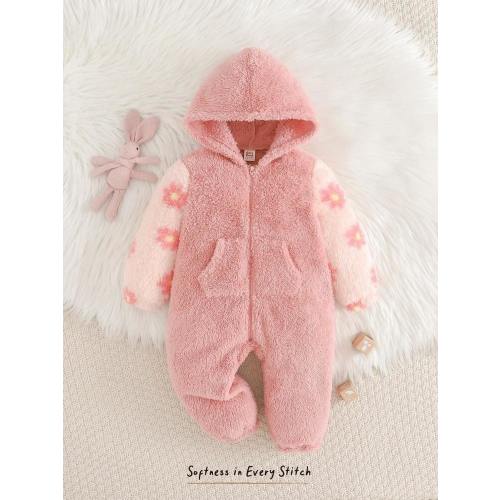 Cozy Pixies Baby Girl Thickened Plush Floral Pattern Patchwork Contrast Color Hooded Long Sleeve Jumpsuit | SHEIN USA