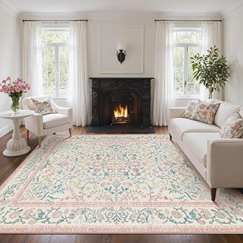 Bavni Vintage Floral Rugs 8x10, Washable Area Rug with Non Slip Backing, Low Pile for Living Room, Nursery,Bedroom & Home Decor, Lightweight Carpet, Light Pink