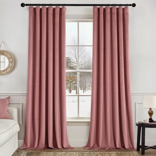 MIULEE Velvet Curtains 84 Inches Long 2 Panels Set for Bedroom, Pinch Pleat Back Tab Luxury Thermal Insulated Pink Living Room Darkening Drapes Pleated Blackout Window Curtains with Hooks, Dusty Rose