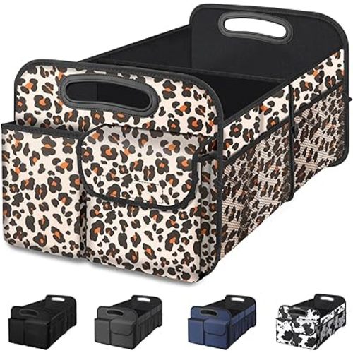 Femuar Car Trunk Organizer, Trunk Storage Organizer with Large Capacity Waterproof Collapsible Trunk Organizer for Car Suv/Jeep/Sedan (Leopard Print, Standard)