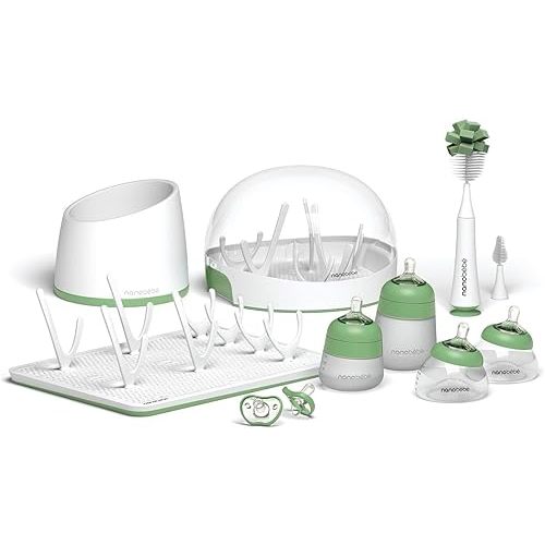 Nanobebe Breastmilk and Silicone Baby Bottle Ultimate Set Gen 2, 5oz and 9oz - with Sterilizer, Drying Rack, Anti-Colic Nipples, Pacifiers, and Warmer - Sage