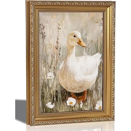 Gold Framed Vintage Duck Canvas Wall Art Cute Farmhouse Animal Oil Painting Picture Wall Decor Rustic Country Nature Cottagecore Poster Print Artwork for Living Room Bedroom Bathroom 9x11in