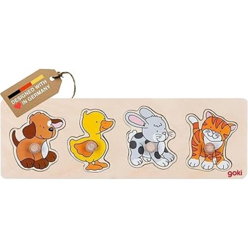 GOKI Wooden Peg Puzzle for Toddlers – Montessori Inspired Learning Toys for Toddlers I Farm Animals Knob Puzzle Ages 1+ Develops Fine Motor Skills and Shape Recognition I Designed with Love in Germany