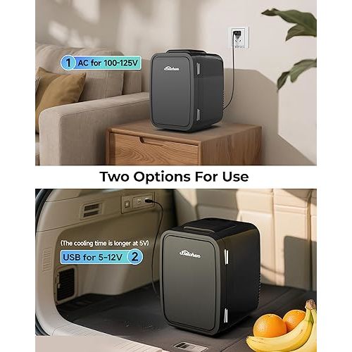Mini Fridge, 4 Liter/6 Can Portable Refrigerator for Bedroom Office Dorm Car– Fast Cooling, Low Noise, 100-125V AC/5-12V USB Small Compact Refrigerator for Breastmilk(Black)