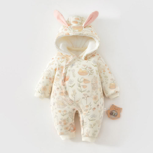 Baby Animal Fleece Lined Quilted Hooded Romper