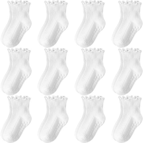 Aroveea Toddler Girls Socks 12 Pack Grip Non Slip Ruffle Frilly Cotton Socks for Toddlers Baby Girls Kids Cute 6M-7Years