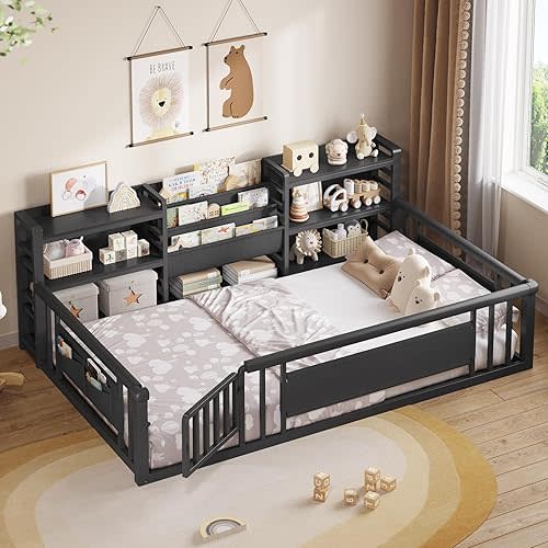 DICTAC Twin Floor Bed for Kids with Safety Rails and Door, Montessori Floor Bed with Storage Bookcase and Shelves, Floor Bed Twin Size for Toddlers Boys Girls, No Box Spring Needed,Included Wood Slats