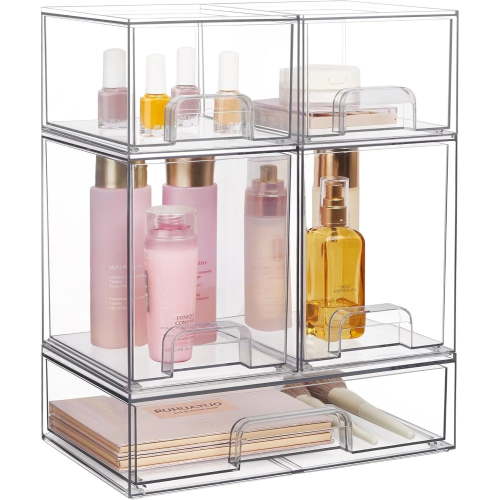 Stackable Storage Drawers Set of 5, Clear Plastic Organizer Bins with Handles, Non-Slip Design for Vanity, Bathroom, Cabinet, Pantry