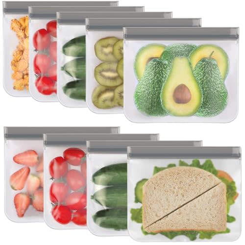 Lerine 9 Pack Reusable Sandwich Bags Dishwasher Safe, Reusable Quart Bags Extra Thick Leak-proof Freezer Bags for Marinate Meats, Cereal, Sandwich, Travel Items, Home Organization (Gray, 9Sandwich)