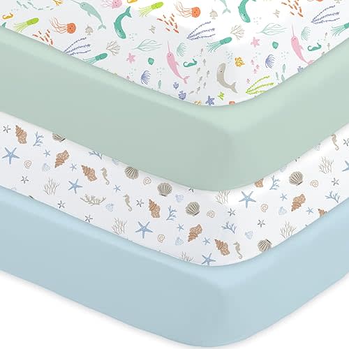 Little Grape Land Crib Sheets, 4-Pack Soft Microfiber Fitted Baby Sheets for Standard Crib and Toddler Mattress, 28x52x8inch, Secure & Breathable Bedding (Ocean World & Shell & Blue & Green)