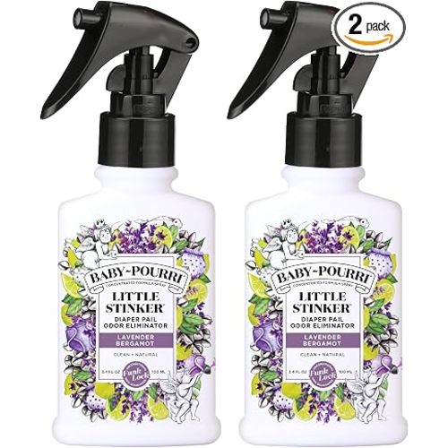 Baby-Pourri Little Stinker Diaper Pail Deodorizer Spray,3.4 Fl Oz,Up to 150 Uses,Odor Freshener with Essential Oils,Nursery Essentials,Lavender,Bergamot,Eucalyptus & Vanilla Scent,(Pack of 2)