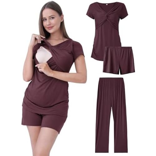 Maternity Nursing Pajamas Set 3PCS, Breastfeeding Tops, Adjustable Shorts & Pants, Postpartum Hospital Bag Essentials