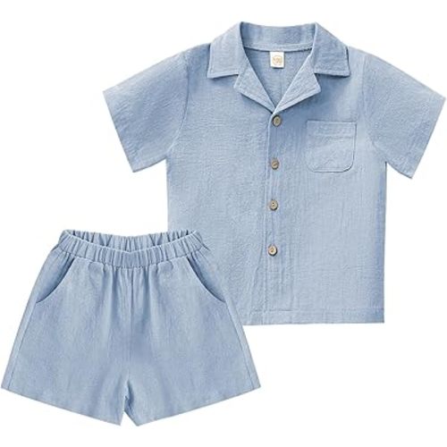 XMWEALTHY Toddler Baby Boy Summer Clothes Color Block Short Sleeve Button-down Shirt Tops + Cotton Pants Outfit Set